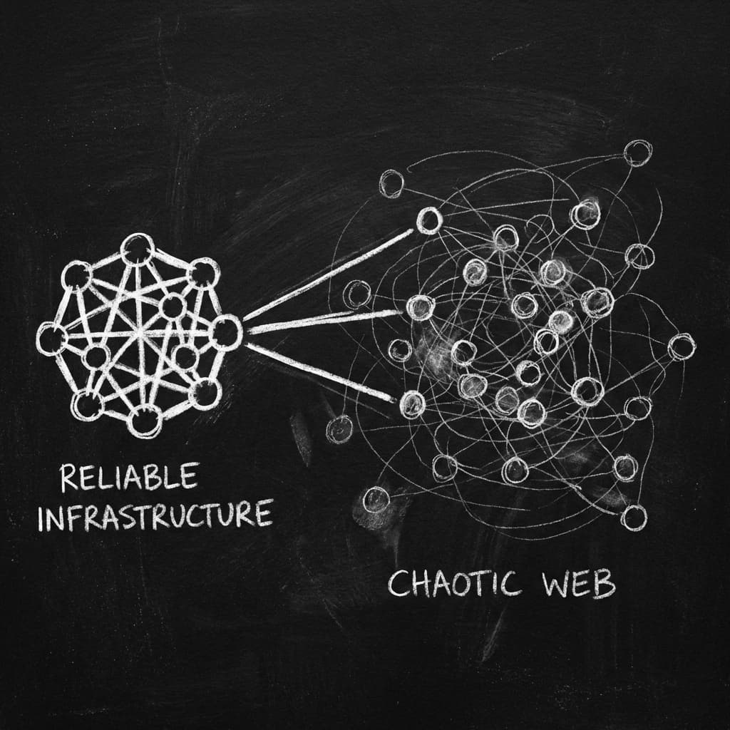 Network graph contrasting sparse reliable clusters with chaotic webs.