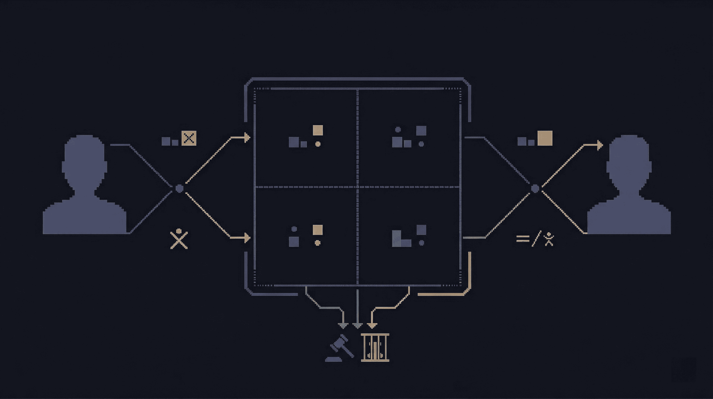 Pixel art illustration of the Prisoner's Dilemma, two players facing a payoff matrix.