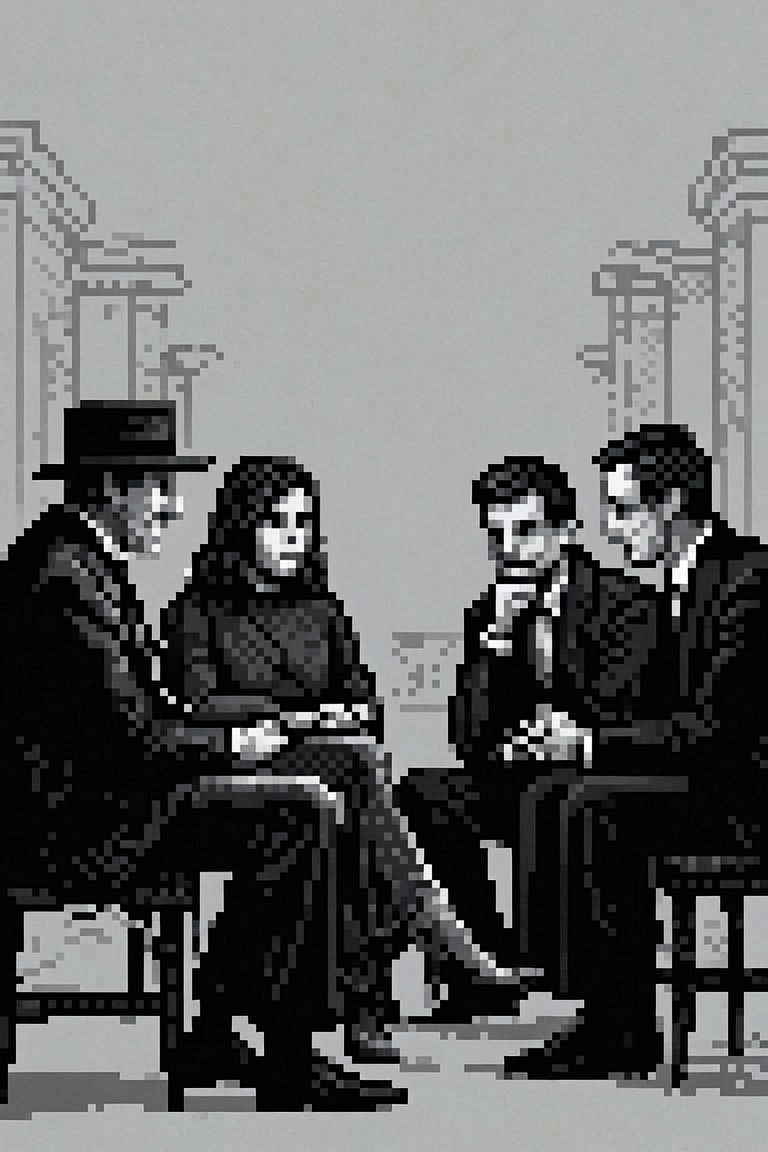 Pixel art of four figures seated in a circle, deliberating like a committee